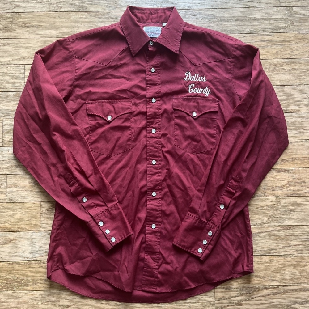 VTG H Bar C Ranchwear Long Tail Pearl Snap Button Up Shirt Size 16/35 USA Dallas